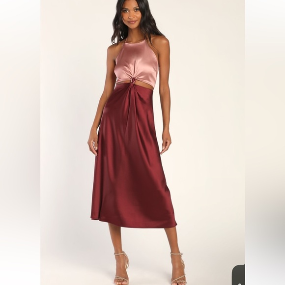 Lulus NWOT Icon Update Burgundy Pink Satin Color Block Knotted Halter Midi Dress - Picture 2 of 15